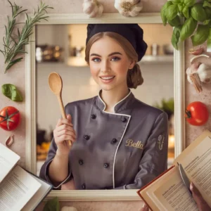 A smiling female chef named Bella, wearing a gray chef’s coat embroidered with her name and a black cap, holding a wooden spoon, framed by fresh herbs and vegetables.