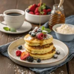 "Golden-brown cottage cheese pancakes topped with fresh berries, honey, and powdered sugar, served on a rustic wooden table with coffee and fruits."