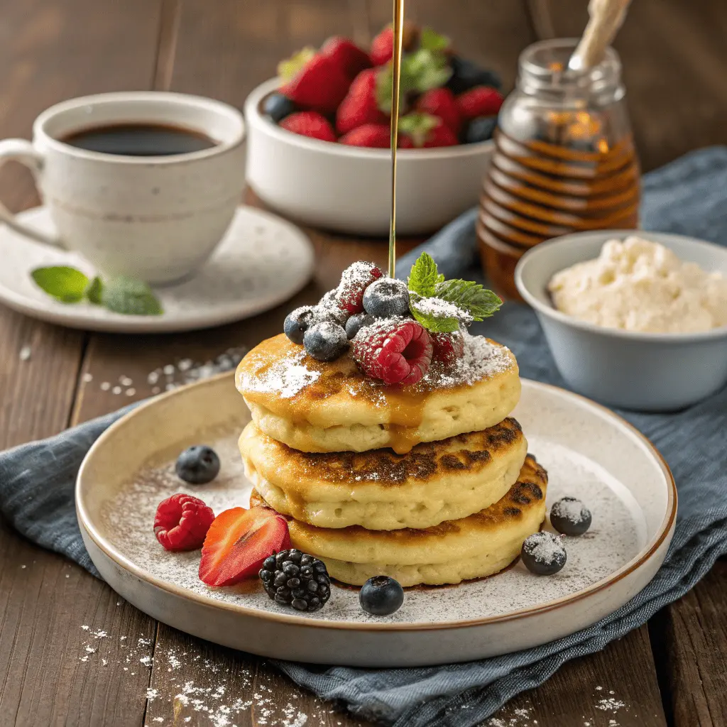 "Golden-brown cottage cheese pancakes topped with fresh berries, honey, and powdered sugar, served on a rustic wooden table with coffee and fruits."