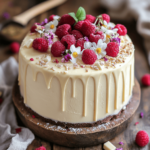 A gluten-free white chocolate cake topped with glossy ganache, fresh raspberries, edible flowers, and sprinkles, displayed on a rustic wooden table with a soft kitchen background.