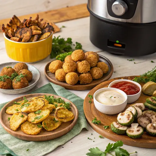 A colorful table spread featuring air-fried vegetable sides, including golden falafel, crispy tofu nuggets, stuffed mushrooms, and zucchini chips, served with dipping sauces and garnished with fresh herbs. Perfect for showcasing healthy and delicious air-fried snacks.