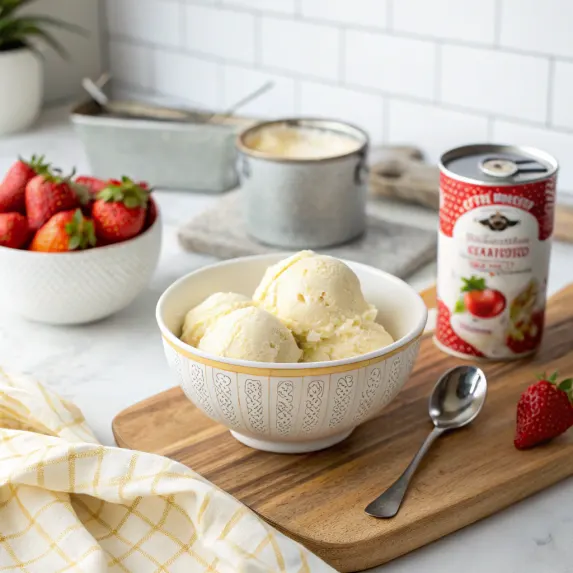 What does condensed milk do to ice cream? A kitchen counter with a bowl of creamy no-churn vanilla ice cream, a can of sweetened condensed milk, and fresh strawberries on the side.