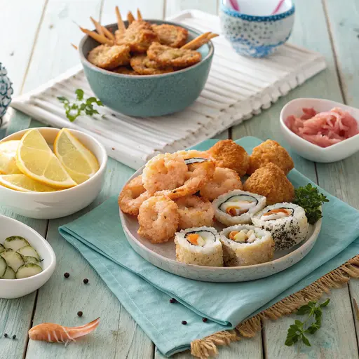 An inviting spread of seafood-inspired snacks displayed on a rustic wooden table, featuring crispy shrimp chips, crab-stuffed mushrooms, and smoked salmon sushi rolls. The table is beautifully decorated with lemon wedges, dipping sauces, fresh herbs, seashells, and light blue napkins under soft natural lighting, evoking a coastal ambiance.