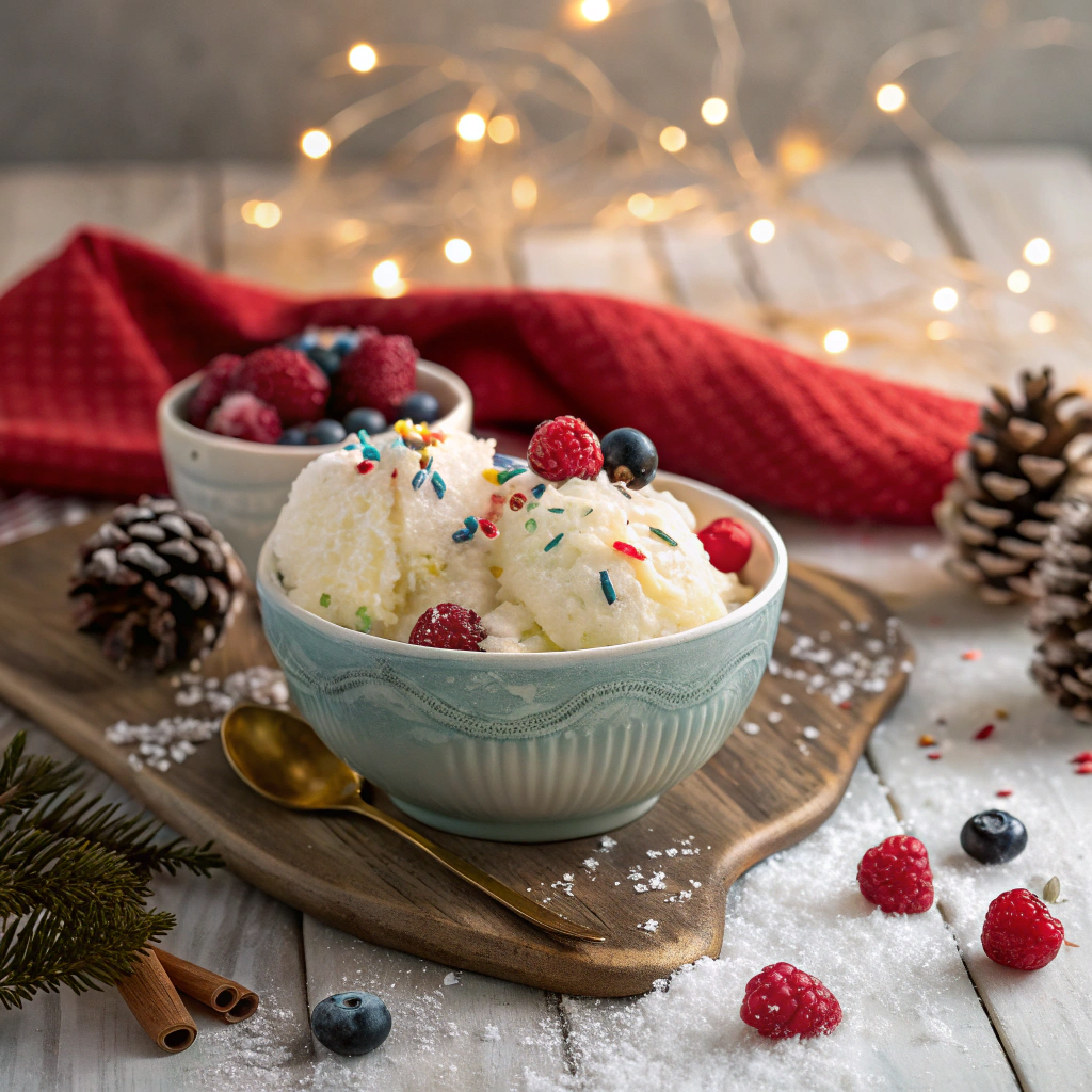 Cozy winter setting with a bowl of snow cream made from fresh snow and sweetened condensed milk, topped with colorful sprinkles and fresh berries. Surrounded by festive decorations like pinecones, a warm scarf, and glowing fairy lights, set on a rustic wooden table with a snowy background.