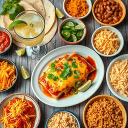 A vibrant Tex-Mex table setting featuring a plate of enchiladas topped with melted cheese, fresh cilantro, and sliced jalapeños, surrounded by ingredients like tortillas, enchilada sauce, grated cheese, lime wedges, and bell peppers. Side dishes include Mexican rice, refried beans, and grilled corn, complemented by a margarita on a rustic wooden table. Perfect for showcasing a Tex-Mex recipe.