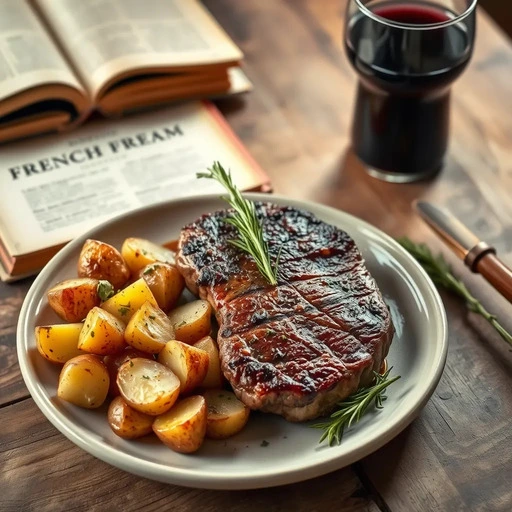 A beautifully plated steak and potatoes dish featuring a medium-rare steak garnished with rosemary and golden roasted potatoes, placed on a rustic wooden table with a cozy ambiance