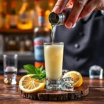 A bartender pouring a pale white tea shot into a clear shot glass, surrounded by fresh lemon slices, mint sprigs, and bottles of vodka and peach schnapps on a rustic wooden counter.