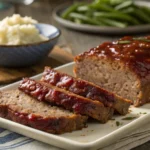 A juicy homemade meatloaf with a rich, caramelized glaze, sliced and served with mashed potatoes and steamed green beans on a rustic wooden table. Warm lighting enhances the cozy, home-cooked feel.