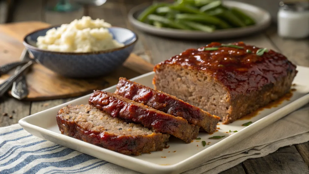 A juicy homemade meatloaf with a rich, caramelized glaze, sliced and served with mashed potatoes and steamed green beans on a rustic wooden table. Warm lighting enhances the cozy, home-cooked feel.