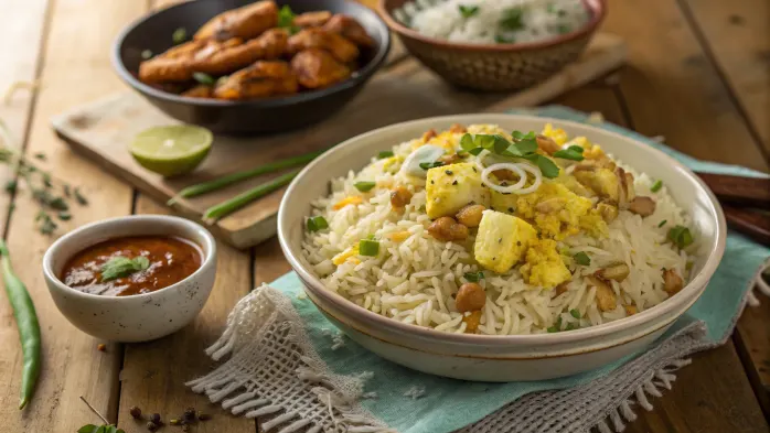 A close-up of a steaming plate of authentic anjappar egg fried rice recipe​ , with golden basmati rice, fluffy scrambled eggs, and finely chopped spring onions. The dish is garnished with fresh coriander and a lemon wedge, served alongside Chettinad pepper chicken, crispy papad, and a bowl of raita on a rustic wooden table. The warm lighting highlights the rich, aromatic flavors of this South Indian specialty.